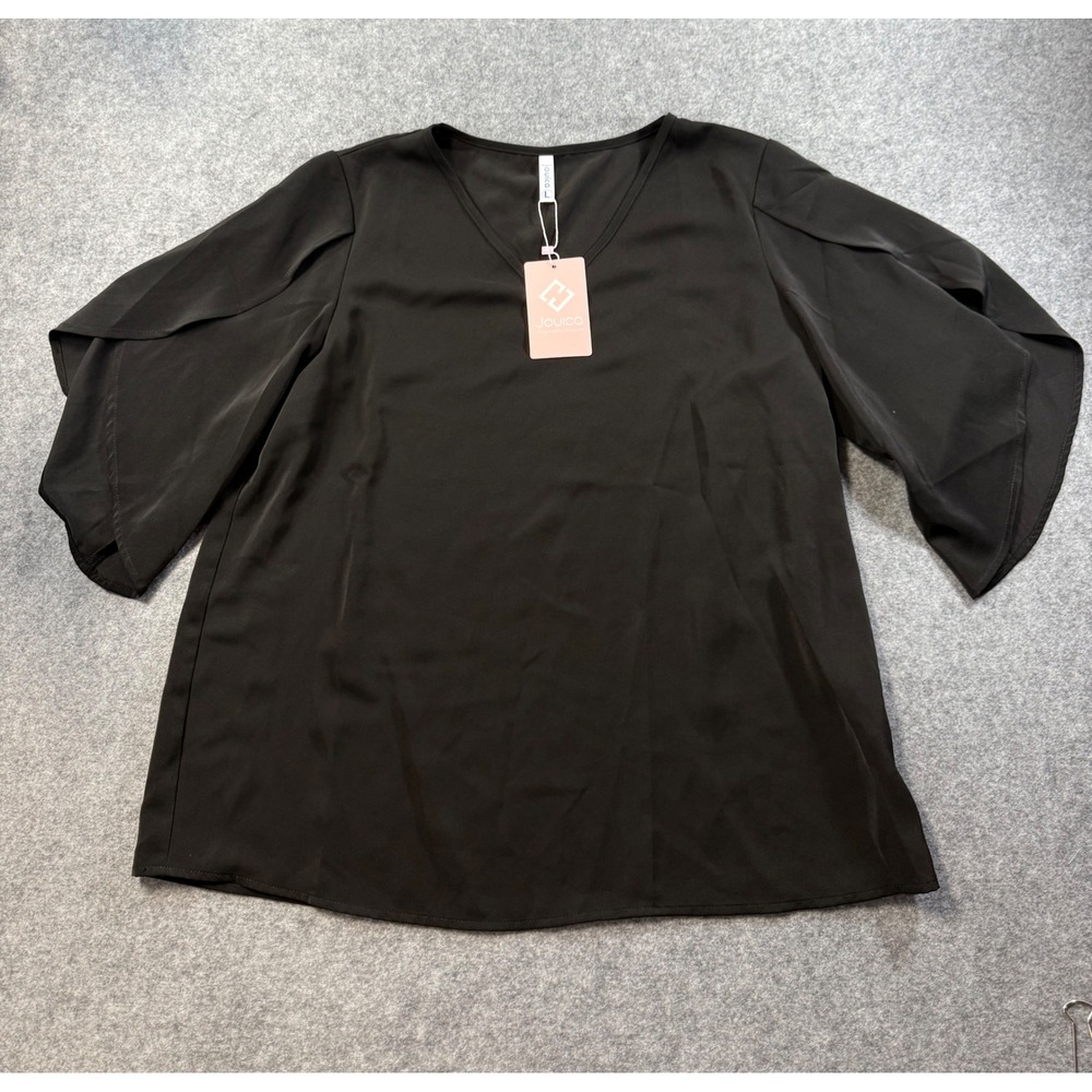 Jouica Women Black V-Neck Petal Tulip Sleeve Blouse Top NWT Large